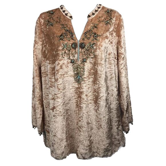Soft Surroundings Moroccan Beaded Tunic Top Crushed Velvet Blush Pink Petite Med - Picture 1 of 13